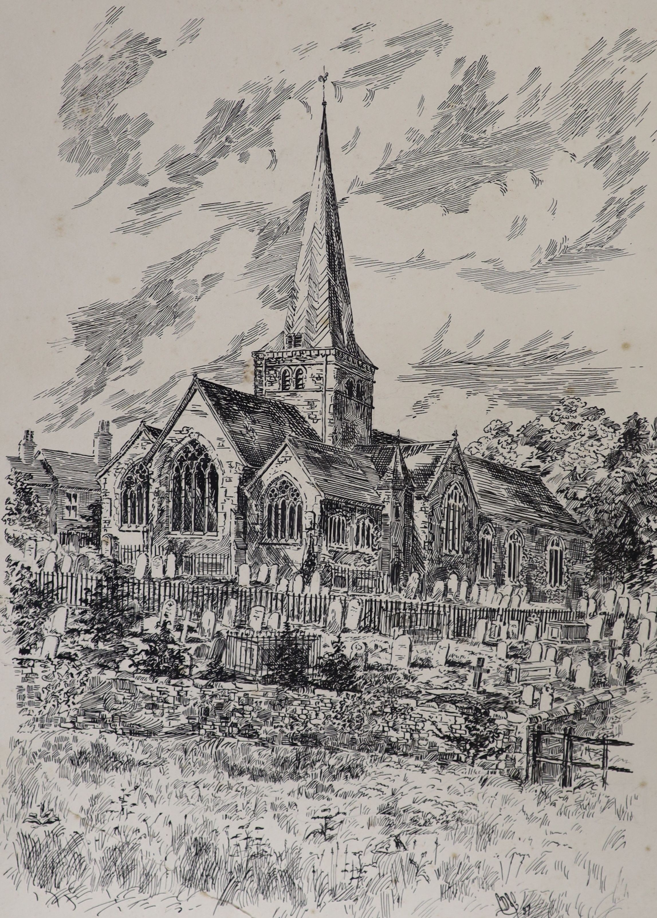 John Sturgess (1839-1903), pen and ink, Coaches at Crystal Palace, signed, 25 x 39cm, a watercolour steeplechasing scene and a torn ink study of a church, all unframed